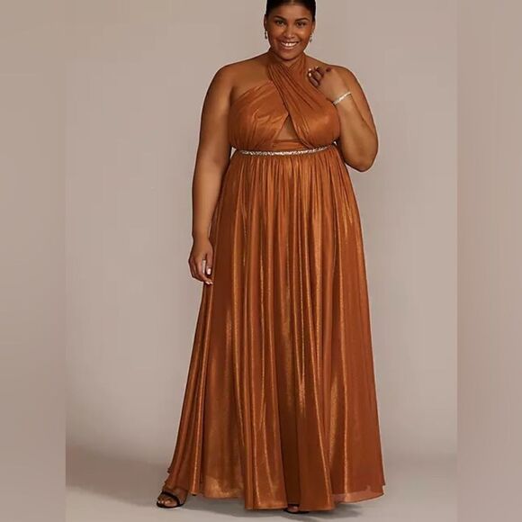 David’s Bridal Galina Signature A-Line Bronze Beaded Halter Cut- Out Dress Gown - Picture 1 of 13